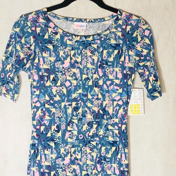 LuLaRoe Julia dress short sleeve geometric blue & pink size xxs new READ - Picture 6 of 12